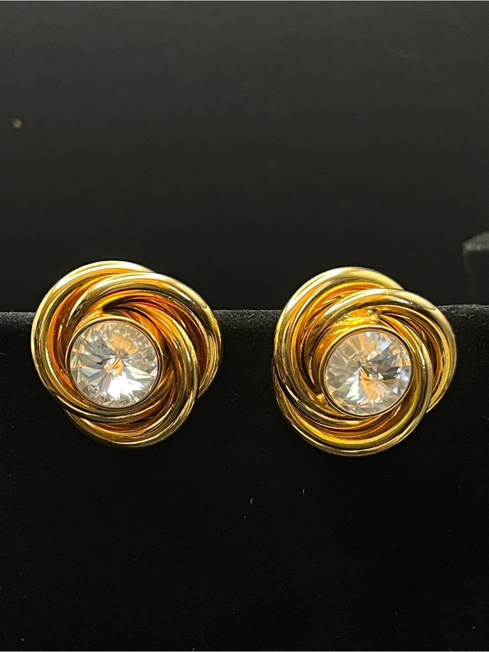 Vintage Gold Tone Intertwined Swirl Clip-On Earrings w/Faceted Glass Rhinestones